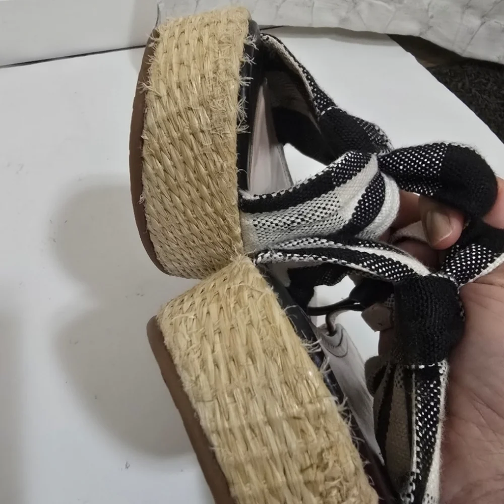 Kate Spade Black White Brown Plaid Bow Front Espadrille wedge sandals